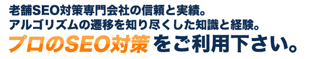 老舗SEO対策専門会社の信頼と実績。アルゴリズムの遷移を知り尽くした知識と経験。プロのSEO対策をご利用下さい。